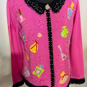 Jack B Quick Women’s Pink Cardigan with Colorful Perfume Designs Size Medium